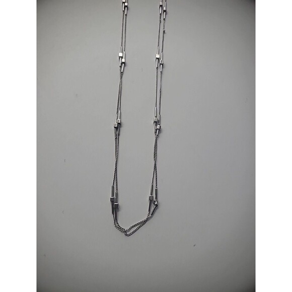 Vintage Necklace Silver Tone Double Strand Chain Bead Bar Jewelry Costume - Picture 9 of 12